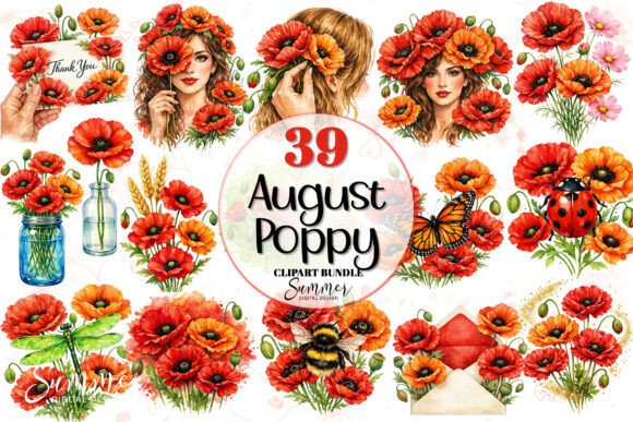 Celebrate the Beauty of August with the August Poppy Watercolor Florals Clipart Bundle