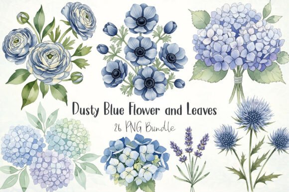 Dusty Blue Flower and Leaves Clipart Set