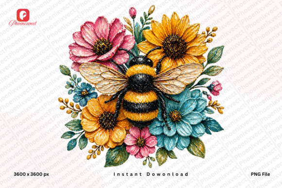 Hand Painted Floral Bumble Bee PNG: A Vibrant Addition to Your Creative Toolkit