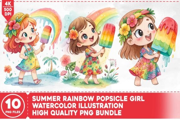 Summer Rainbow Popsicle Girl Watercolor: A Versatile Design for Creative Entrepreneurs