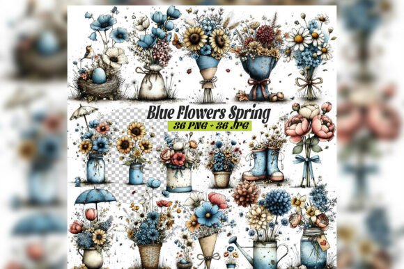 Whimsical Blue Spring Flowers Clipart Set